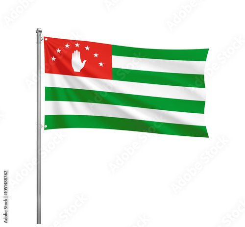 Flag of Abkhazia waving in the wind on a silver pole, isolated on transparent