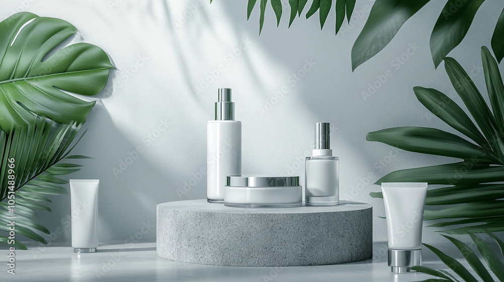 Elegant display of skincare products surrounded by lush greenery in a serene setting Elegant display of skincare products surrounded by lush greenery in a serene setting