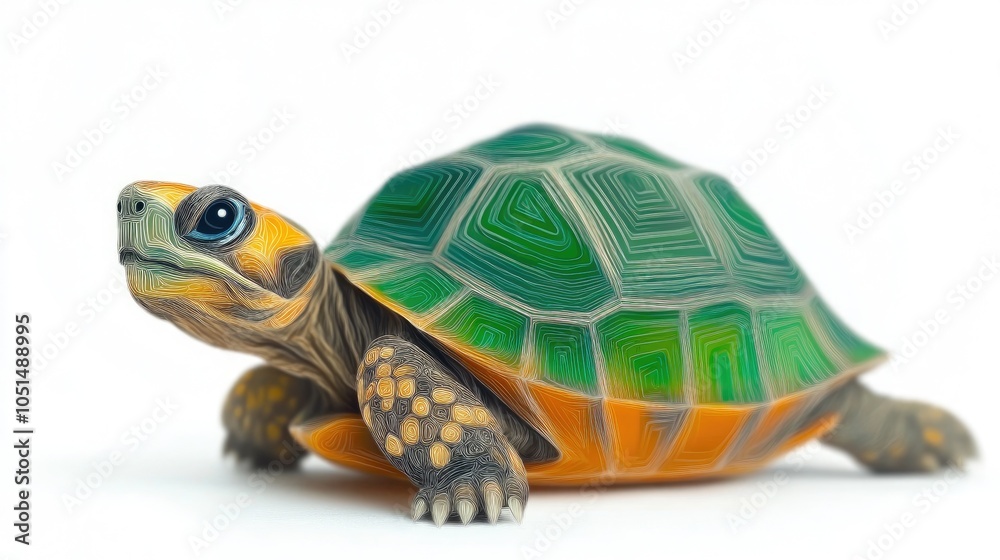 Obraz premium A small turtle with a green shell and a yellow head and legs, isolated on a white background.