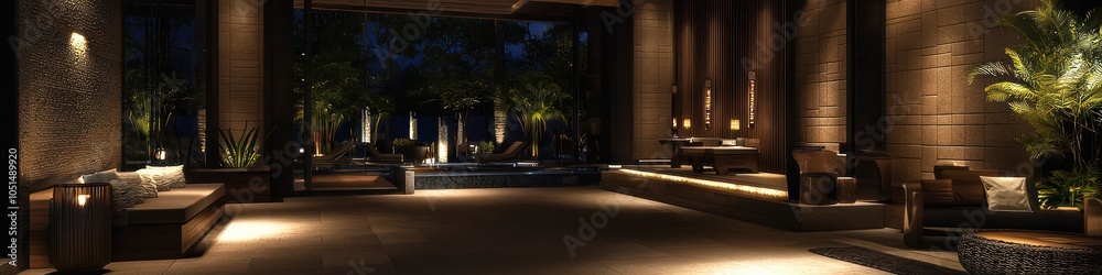 Obraz premium Elegant room with dim lighting and luxury features for night ambiance.