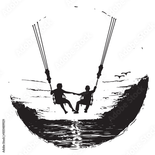 Bungee Sunset SIlhouette , black silhouettes isolated on white background