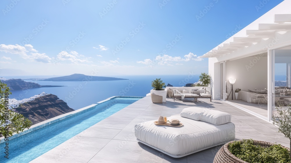 A luxury villa with a spacious rooftop terrace, overlooking the ocean. Large, panoramic windows capture the sea view, and an infinity pool is set just off the patio, blending into the horizon. A luxury villa with a spacious rooftop terrace, overlooking the ocean. Large, panoramic windows capture the sea view, and an infinity pool is set just off the patio, blending into the horizon.