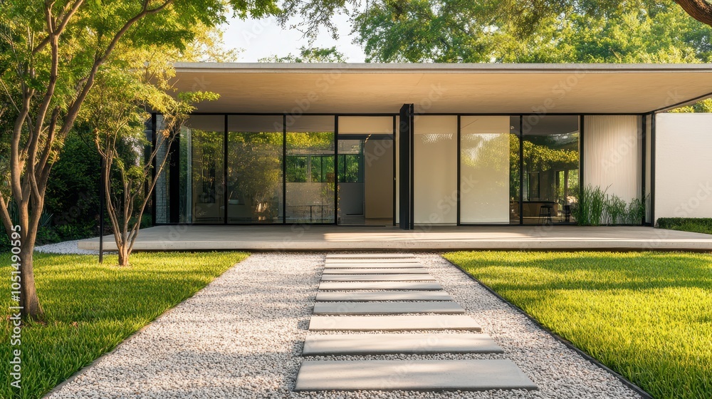 Fototapeta premium A minimalist house with a flat roof, large glass walls, and a smooth concrete exterior. The front yard has small trees, gravel, and a stepping-stone path leading to the entrance.