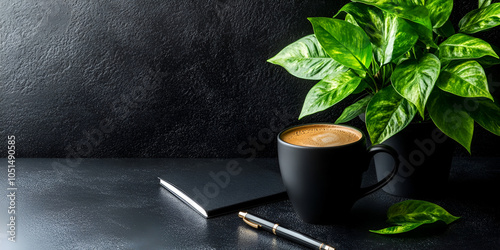Modern Workspace with Coffee Cup and Plant

