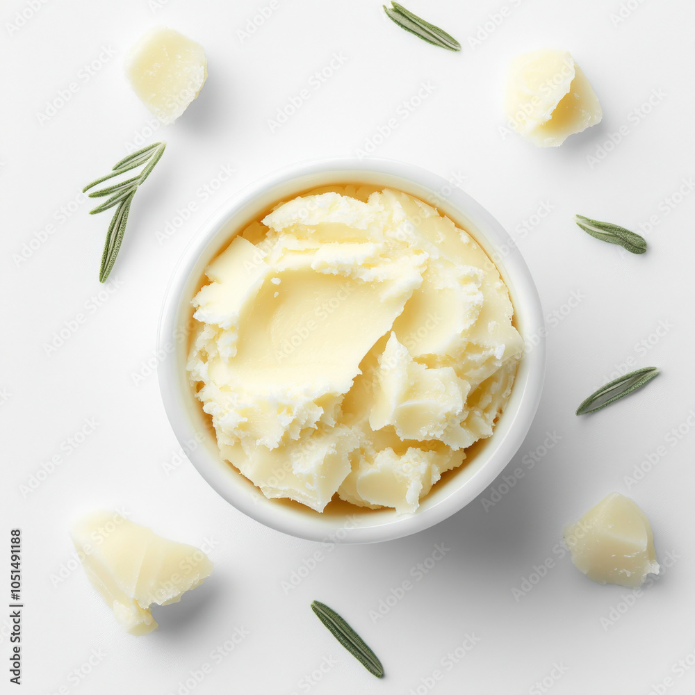 realistic photo of organic shea butter on white background, top view realistic photo of organic shea butter on white background, top view