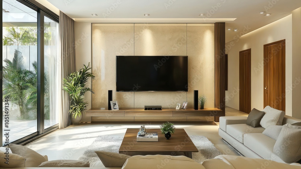 Fototapeta premium Modern living room setup with TV and varied perspectives.