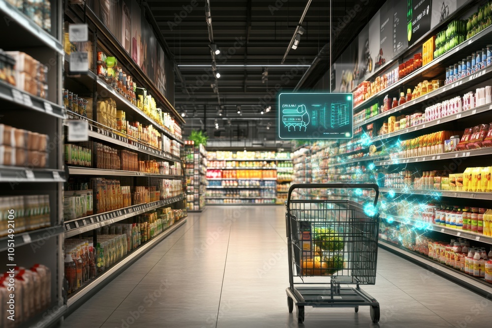 A retail trolley with sensors and a cashless payment system, moving through a spacious supermarket with digital signage and product displays enhancing the shopping experience
