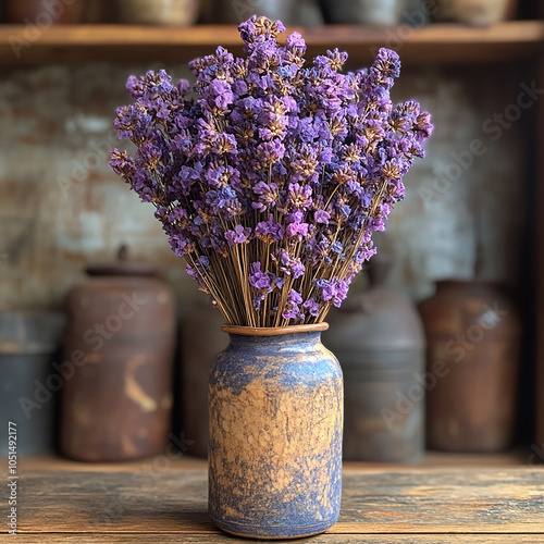 dried Statice, Limonium sinuatum bunch in a vase on the table
 photo