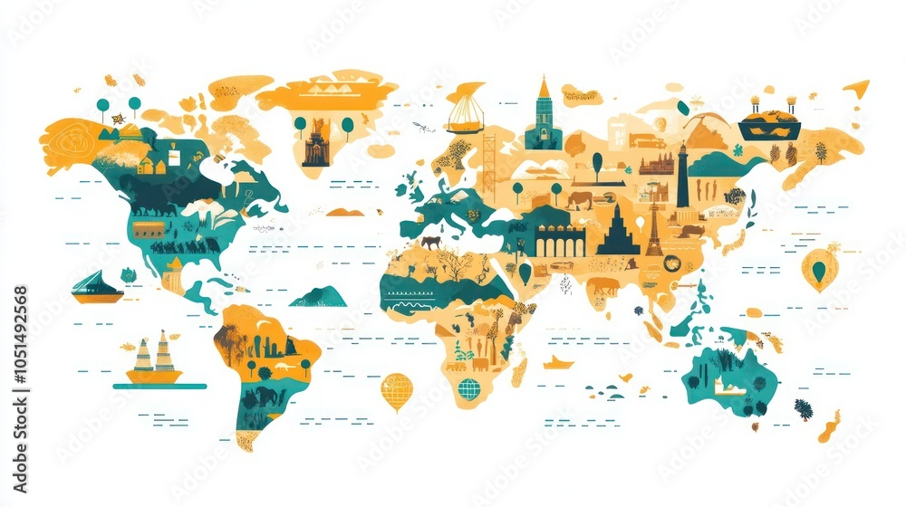 Obraz premium A map showing regional awareness days across different continents, featuring days like 'European Heritage Days' and 'Africa Environment Day,' with cultural symbols