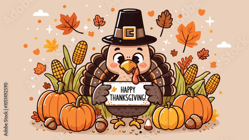 A cute cartoon-style turkey wearing a pilgrim hat, standing on a patch of fallen leaves. Around it are pumpkins, corn cobs, and acorns. The turkey holds a sign that reads, 'Happy Thanksgiving!' 3