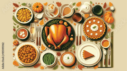A top-down view of a Thanksgiving feast spread out on a table. The table is packed with a roasted turkey, stuffing, mashed potatoes, green beans, and pumpkin pie slices 