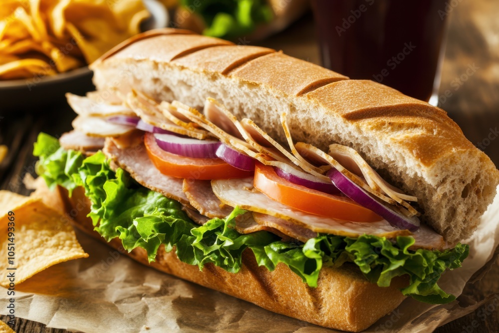 Freshly made hoagie sandwich bursting with layers of sliced meats, cheeses, lettuce, tomato, and onions, neatly wrapped in parchment paper, placed on a rustic wooden table with a side of chips and a d Freshly made hoagie sandwich bursting with layers of sliced meats, cheeses, lettuce, tomato, and onions, neatly wrapped in parchment paper, placed on a rustic wooden table with a side of chips and a d