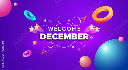 Background design template welcoming December, the last month. Background
bright purple gradations with 3D circle and other abstract elements. A lively end of year celebration