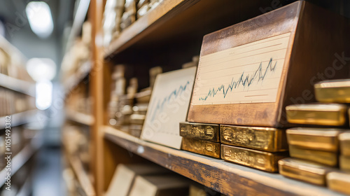 Stunning bullion stacked in vault with market graph showing trends photo