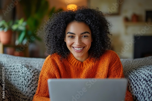 Smiling woman at home doing online payment, Generative AI