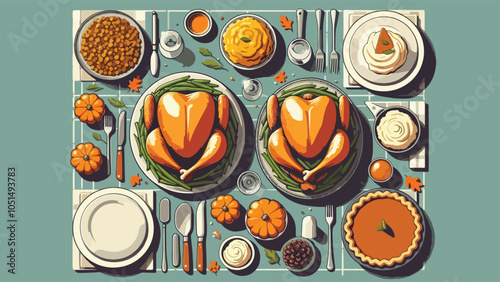 A top-down view of a Thanksgiving feast spread out on a table. The table is packed with a roasted turkey, stuffing, mashed potatoes, green beans, and pumpkin pie slices 