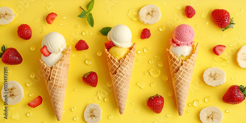 Three Strawberry Ice Cream Cones on Yellow Background