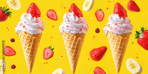 Three Strawberry Ice Cream Cones on Yellow Background