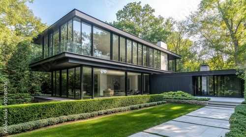 A sleek, two-story home with a cantilevered upper floor, black metal siding, and large windows. A small, cleanly landscaped front yard features short hedges and a stone pathway leading to the door.