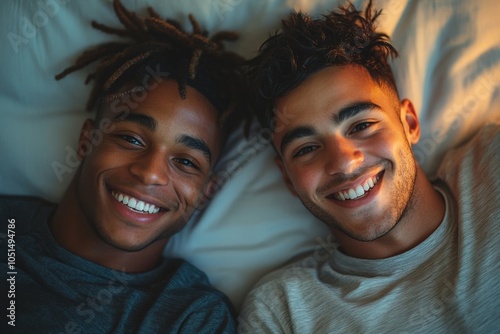 Smiling gay couple lying in bed together, Generative AI