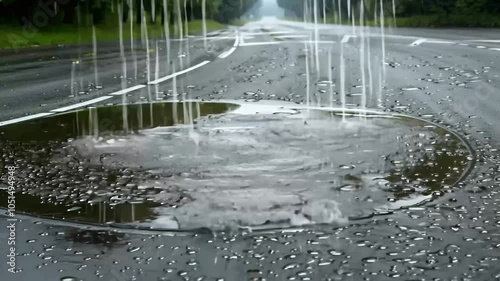 closeup view avy rain falling puddles asphalt where raindrops create ripples water capturing ambiance t road beautifully photo