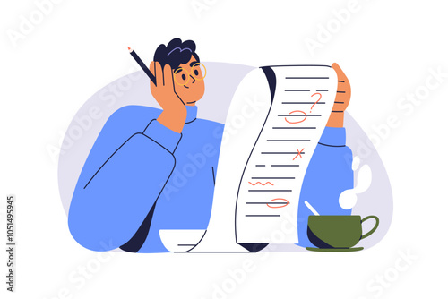 Grammar, spelling check process. Teacher reading paper, reviewing and correcting mistakes in essay. Proofreading and text improvement, correction. Flat vector illustration isolated on white background