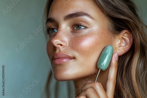 Woman using jade roller on facial skin, Generative AI