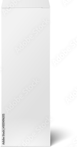 Closed white tall rectangular cardboard box packaging with its shadow on white background.
