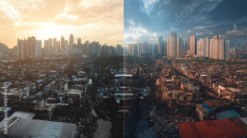A split image depicting a wealthy city skyline on one side and a slum on the other, highlighting the sharp contrast between affluence and poverty within the same urban landscape.