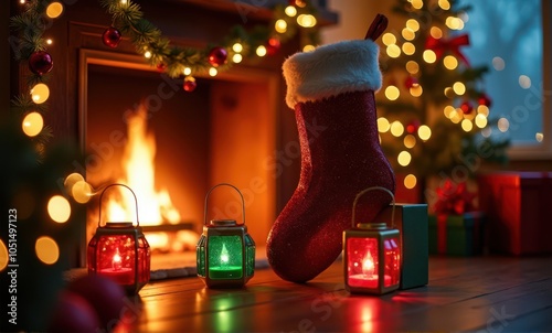 Christmas gifts tree lanterns fireplace mitten holiday