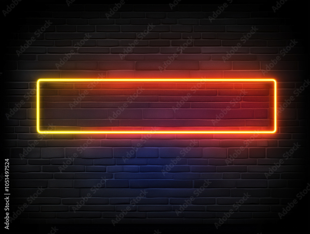A neon rectangular frame in yellow and orange hues glows against a dark brick wall background, creating a stylish, modern contrast and urban vibe. A neon rectangular frame in yellow and orange hues glows against a dark brick wall background, creating a stylish, modern contrast and urban vibe.