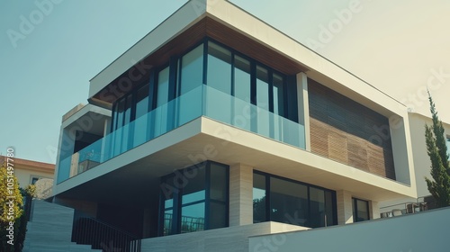 A two-story contemporary house with an asymmetrical design, showcasing large, tinted windows and an expansive balcony. The exterior features a striking contrast between polished wood.
