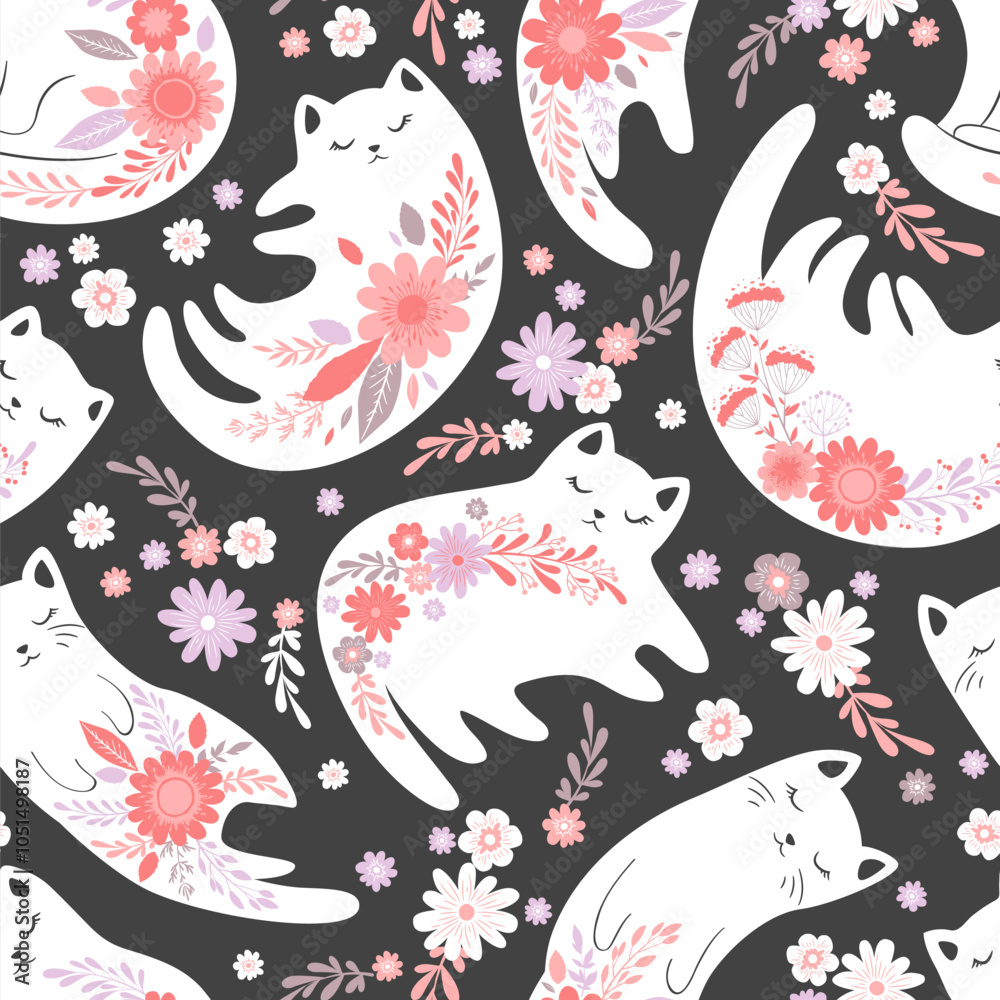 Seamless vector pattern with cute cats, flowers and floral elements isolated on dark grey background. Adorable animal design illustration for card print, wallpaper, poster, nursery decoration Seamless vector pattern with cute cats, flowers and floral elements isolated on dark grey background. Adorable animal design illustration for card print, wallpaper, poster, nursery decoration