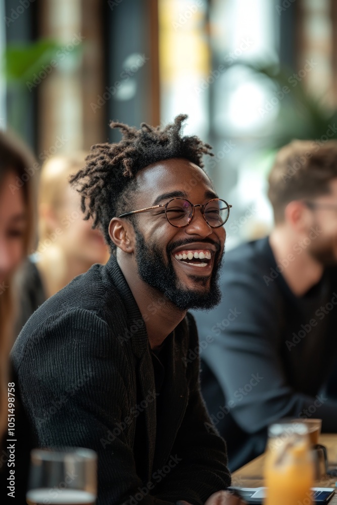 Obraz premium Diverse colleagues laughing together in a modern co-working space, Generative AI