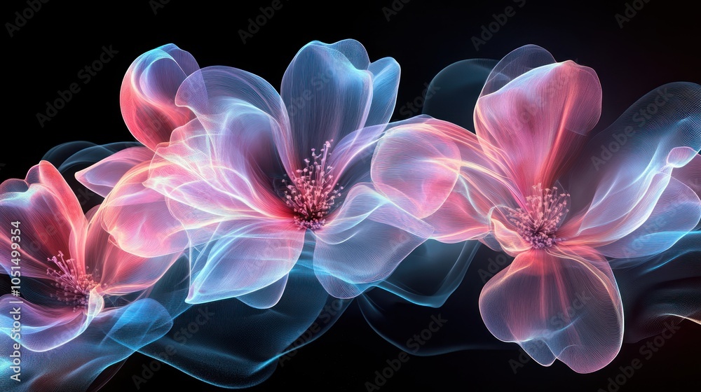 Abstract three glowing pink and blue flowers on a black background. Abstract three glowing pink and blue flowers on a black background.
