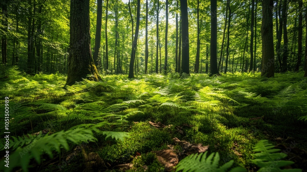 Fototapeta premium Bright green fern leaves sprawled across a forest floor, creating a lush, vibrant scene that embodies the beauty and richness of nature.