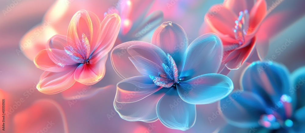 Soft, pastel-colored flowers with iridescent sheen, arranged in a close-up, blurred background. Soft, pastel-colored flowers with iridescent sheen, arranged in a close-up, blurred background.