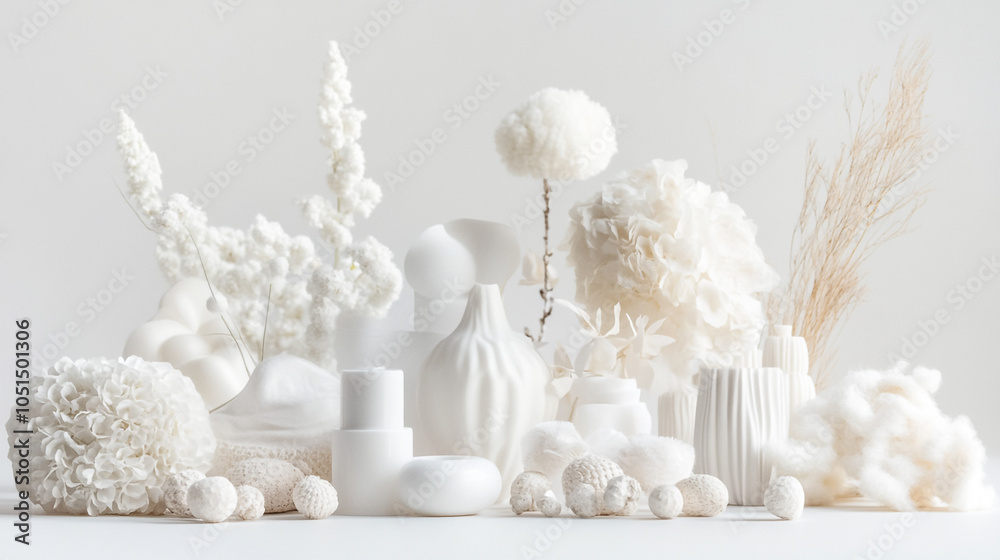 White decorative arrangement with various vases and flowers in a minimalistic style White decorative arrangement with various vases and flowers in a minimalistic style