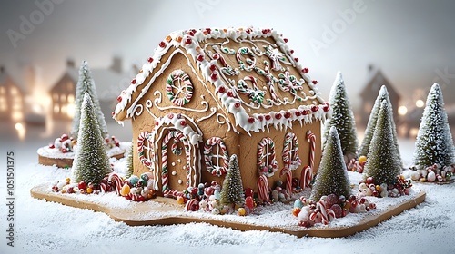 Gingerbread House Decorated with Candy Canes and Sprinkles in a Snowy Winter Wonderland photo