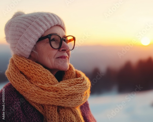 A senior citizen woman of European descent, gazing at the winter solstice sunrise, symbolizing the promise of new beginnings photo