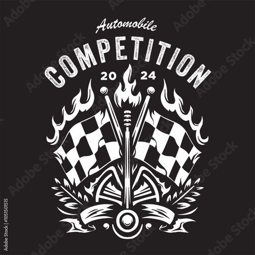 Vintage illustration of checkered flag logo with fire effect