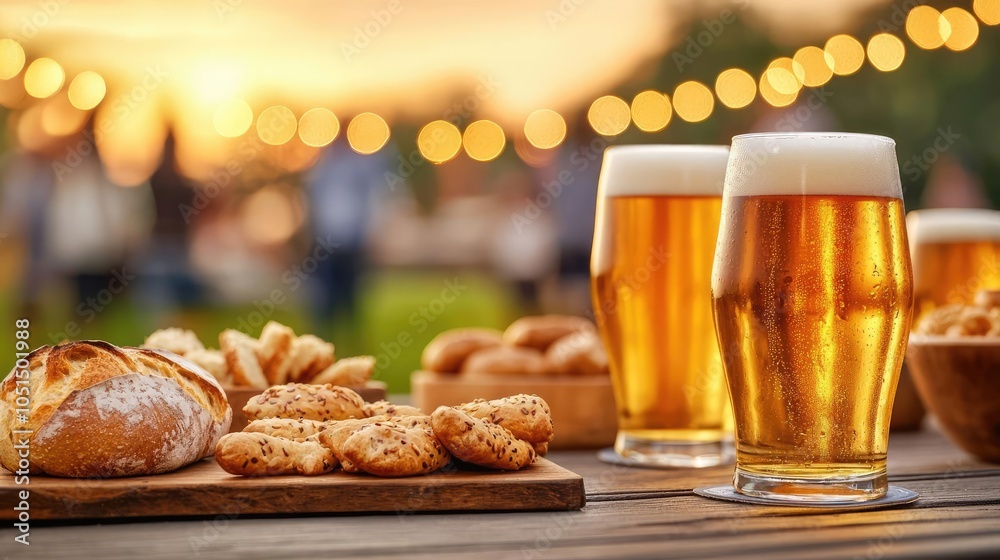 Two glasses of beer with delicious snacks on a wooden table, sunset in the background. Two glasses of beer with delicious snacks on a wooden table, sunset in the background.