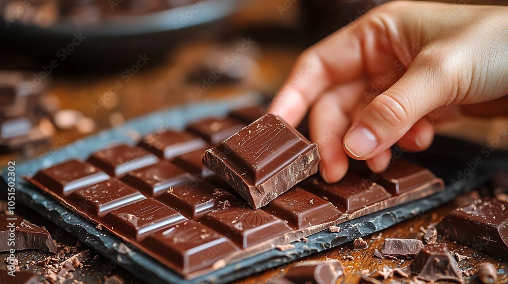 Closeup of Hand Breaking Dark Chocolate Bar on Wooden Table Closeup of Hand Breaking Dark Chocolate Bar on Wooden Table