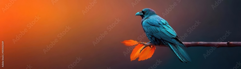 Fototapeta premium 3D view of a Halloween costume with a raven-inspired feathered cloak, dark glowing highlights, Raven feather costume, Mysterious and gothic