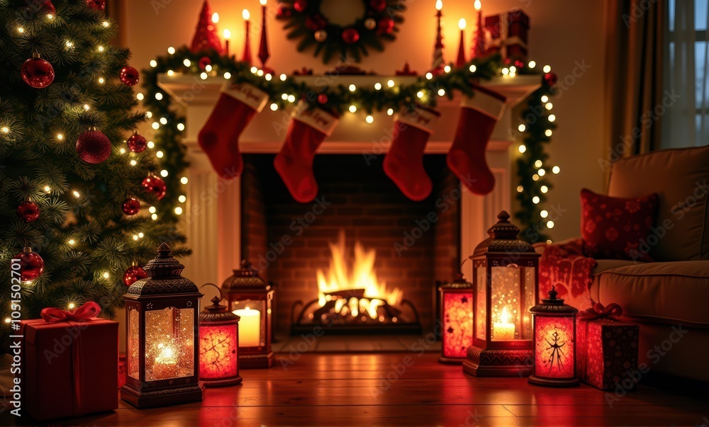 Fototapeta premium Christmas gifts tree lanterns fireplace mitten holiday