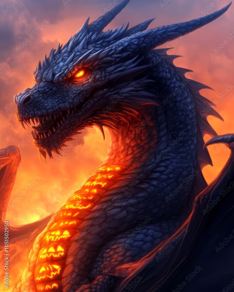 A fierce dragon with glowing features against a fiery backdrop. A fierce dragon with glowing features against a fiery backdrop.