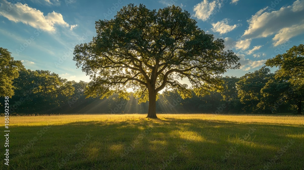 Fototapeta premium Majestic tree under golden sunlight, surrounded by green grass and blue sky.