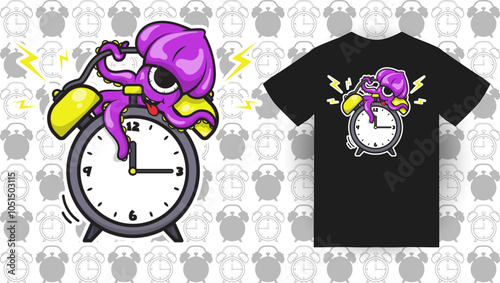 Cool t-shirt design of alarm clock and cartoon octopus photo