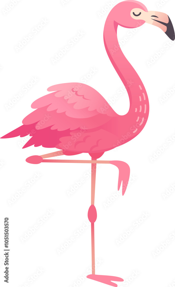 Obraz premium Cartoon flamingo with pink feathers standing on one leg, isolated on white background.