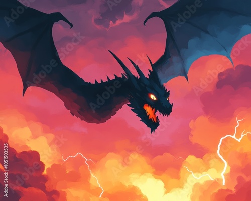 A fierce dragon with wings soaring through a vibrant stormy sky. photo